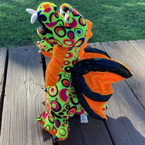 2009 Toy Factory Neon Dragon Plush 16” Psychedelic‎ Orange Wings w/Tag - Picture 2 of 7
